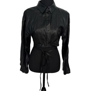 Bershka Faux Leather Button Up Crop Top Medium Black Waist Tie Good Condition